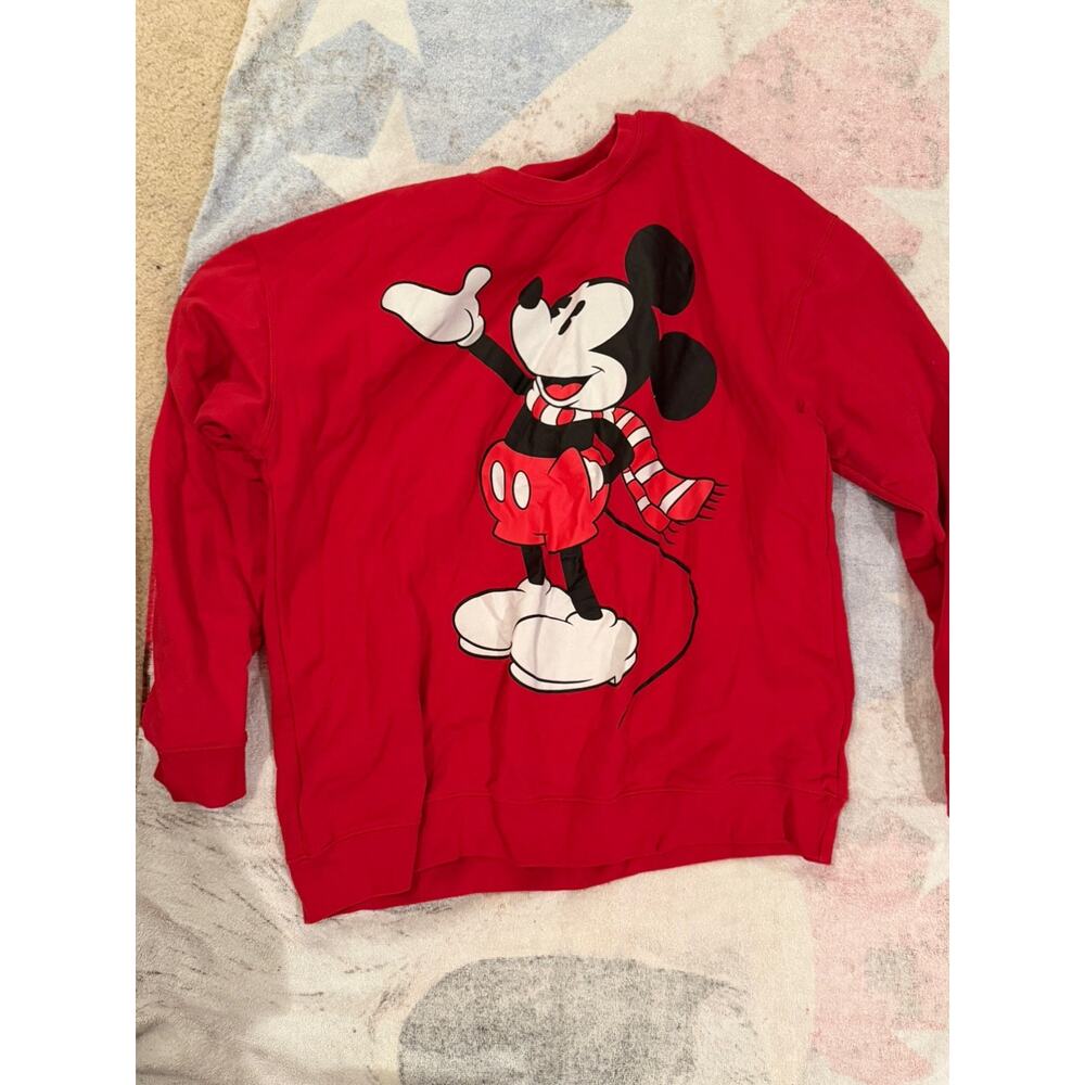 Disney Mickey Mouse With Scarf Women's Red Pullover Sweatshirt Sz XL Christmas